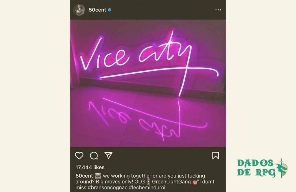 Vice City: Série Produzida pelo 50 Cent tem Ligação com o Jogo? Confira! Fonte/Reprodução: Instagram/50cent